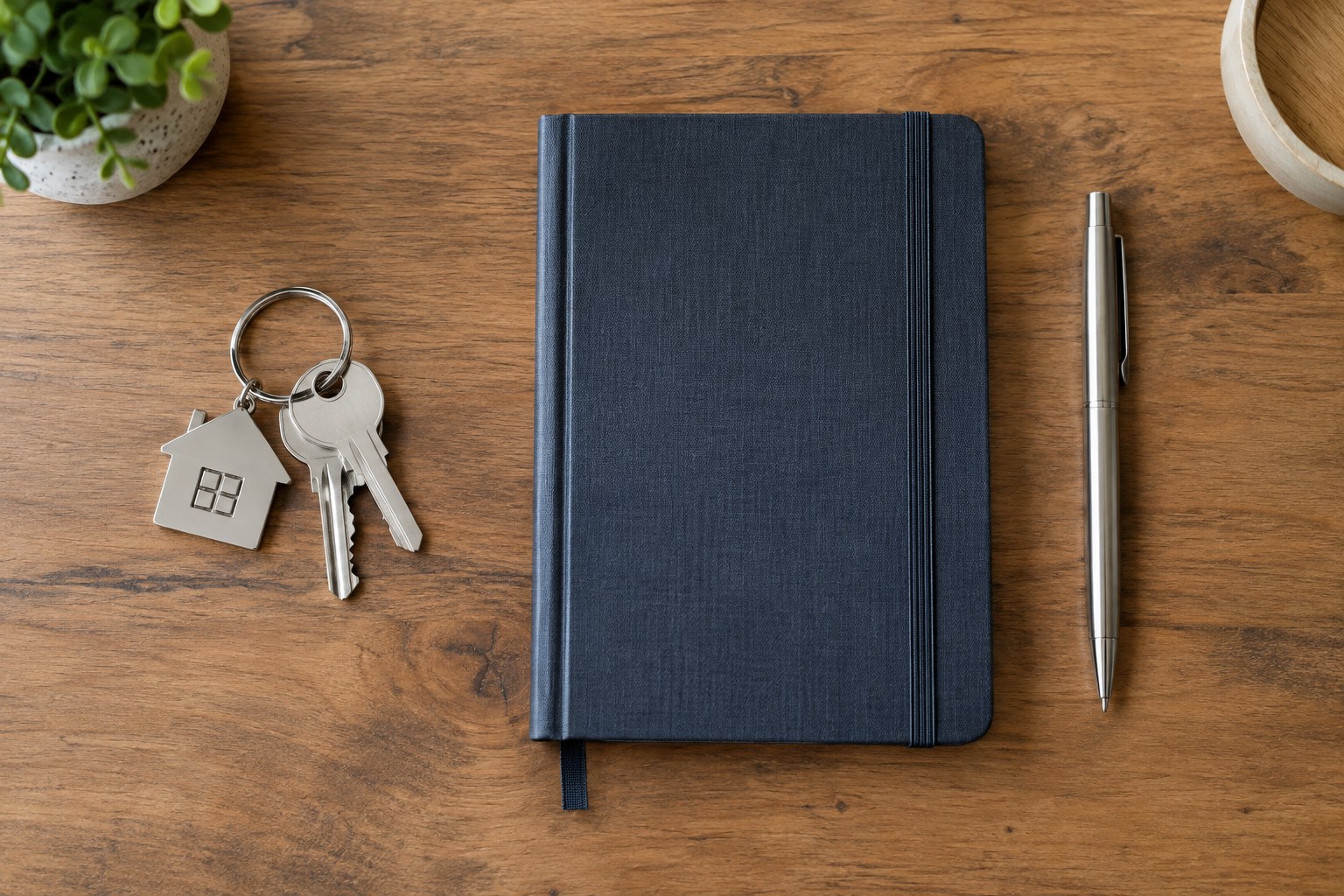 A flat lay of keys, a notebook and a pen on a desk, illustrative