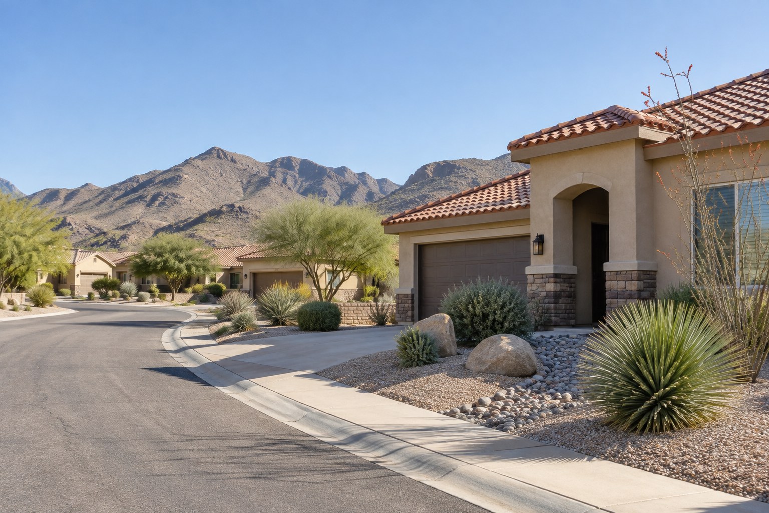 A quiet El Paso area street with desert landscaping, illustrative