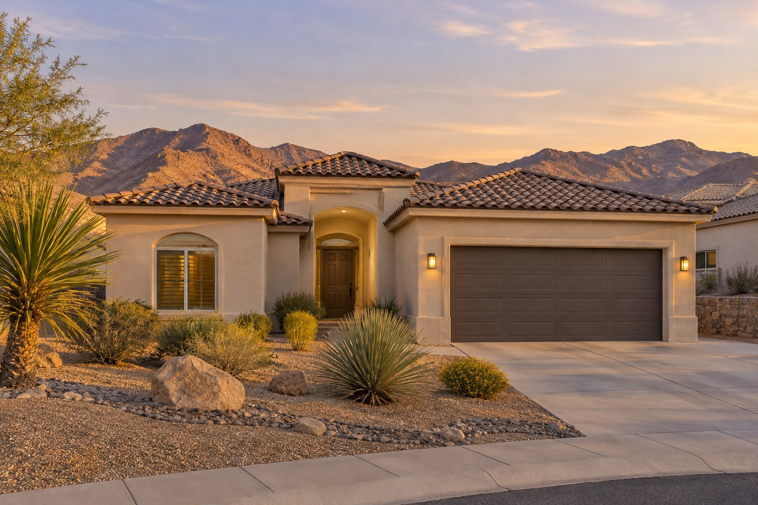 A Southwest stucco home with desert landscaping in warm evening light, illustrative