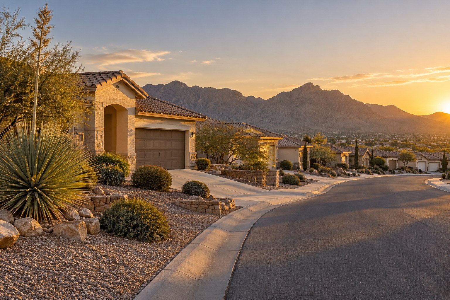 An El Paso area street at golden hour, illustrative