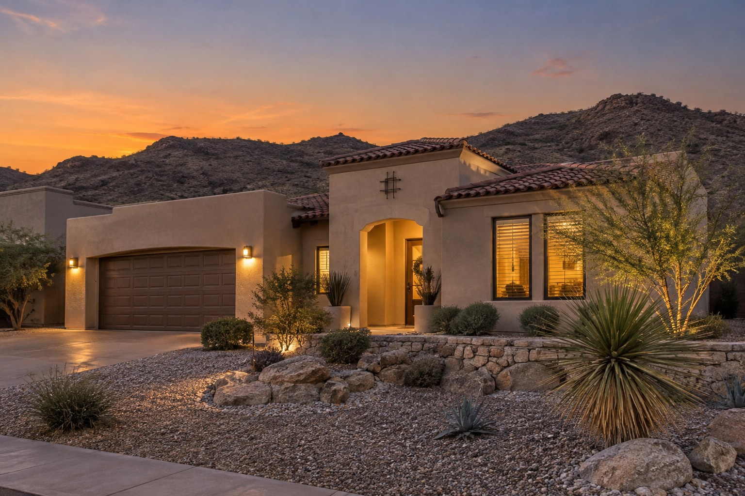 A Southwest style home at dusk, illustrative