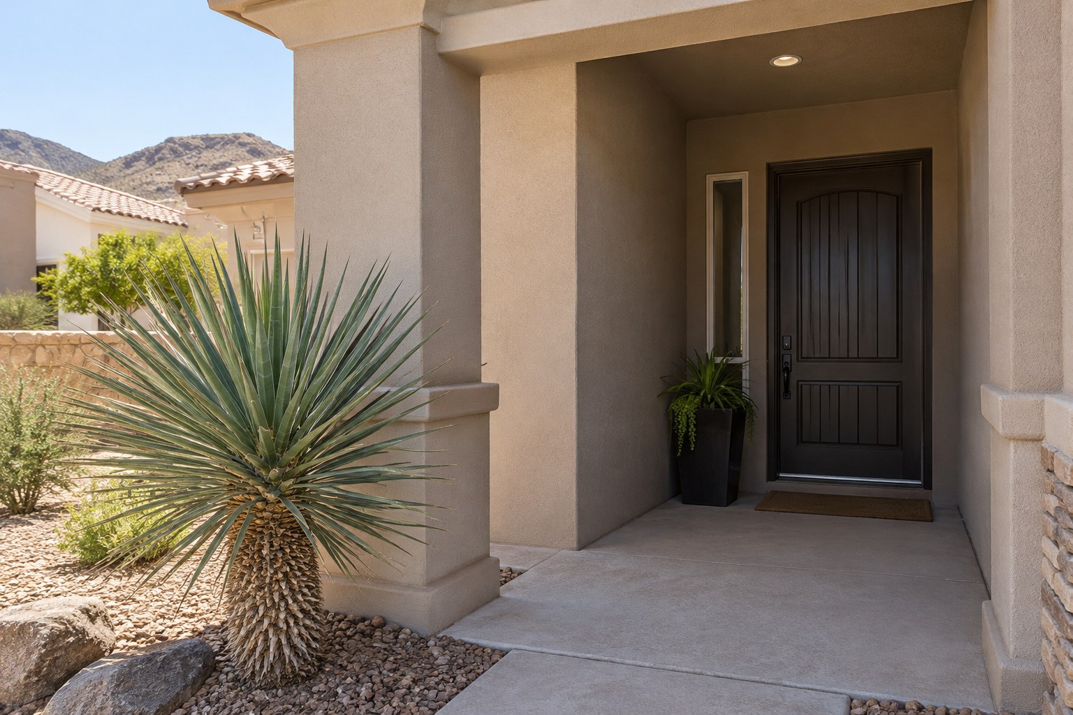 A shaded front entry of a stucco home, illustrative